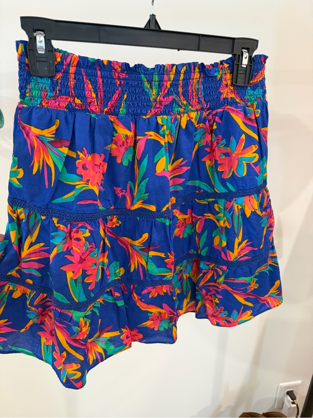 J. Crew Blue Floral Tiered Shorts with Bright Tropical Print